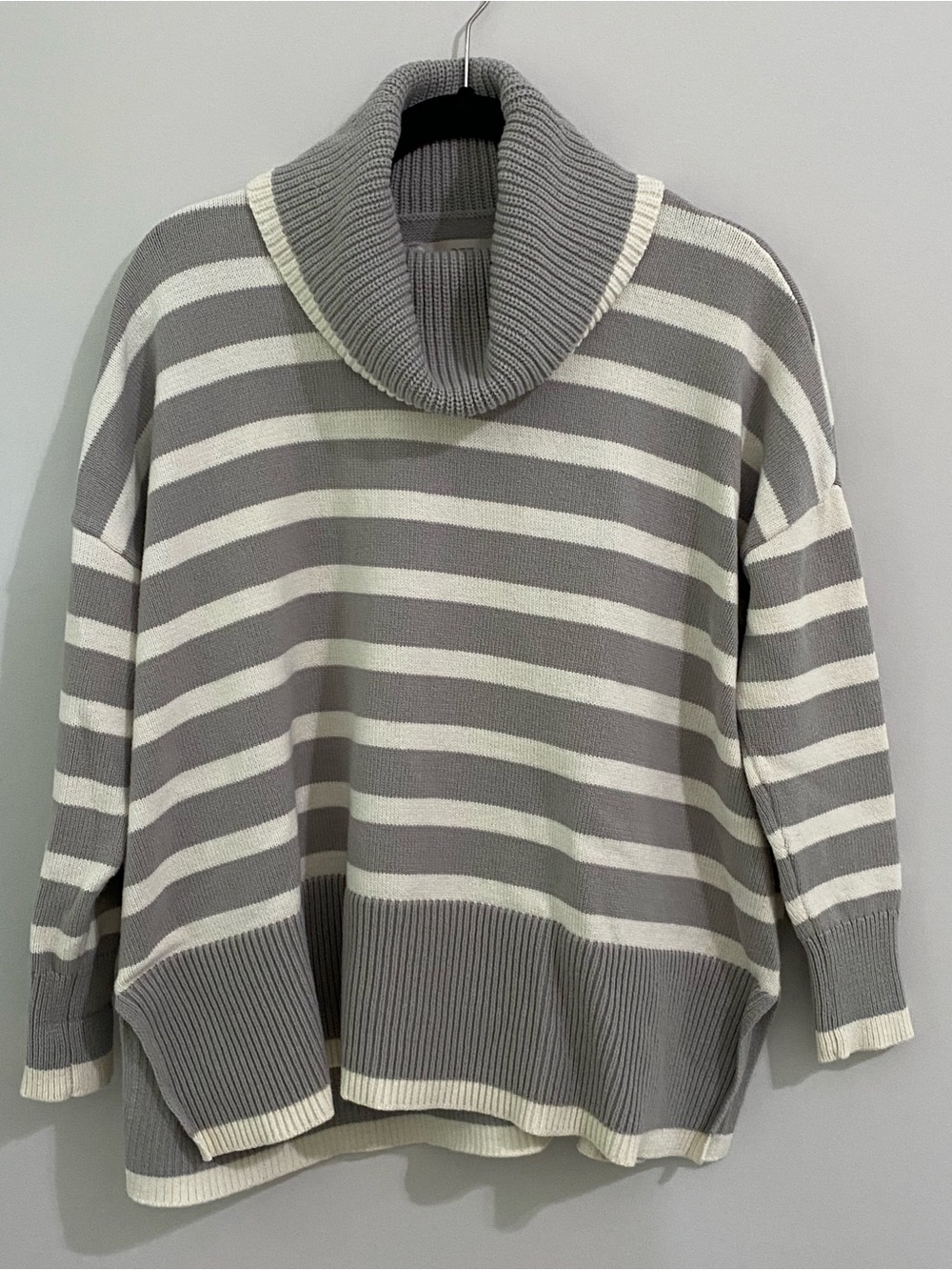 LOFT Gray & White Striped Cowl Neck Oversized Sweater - Small